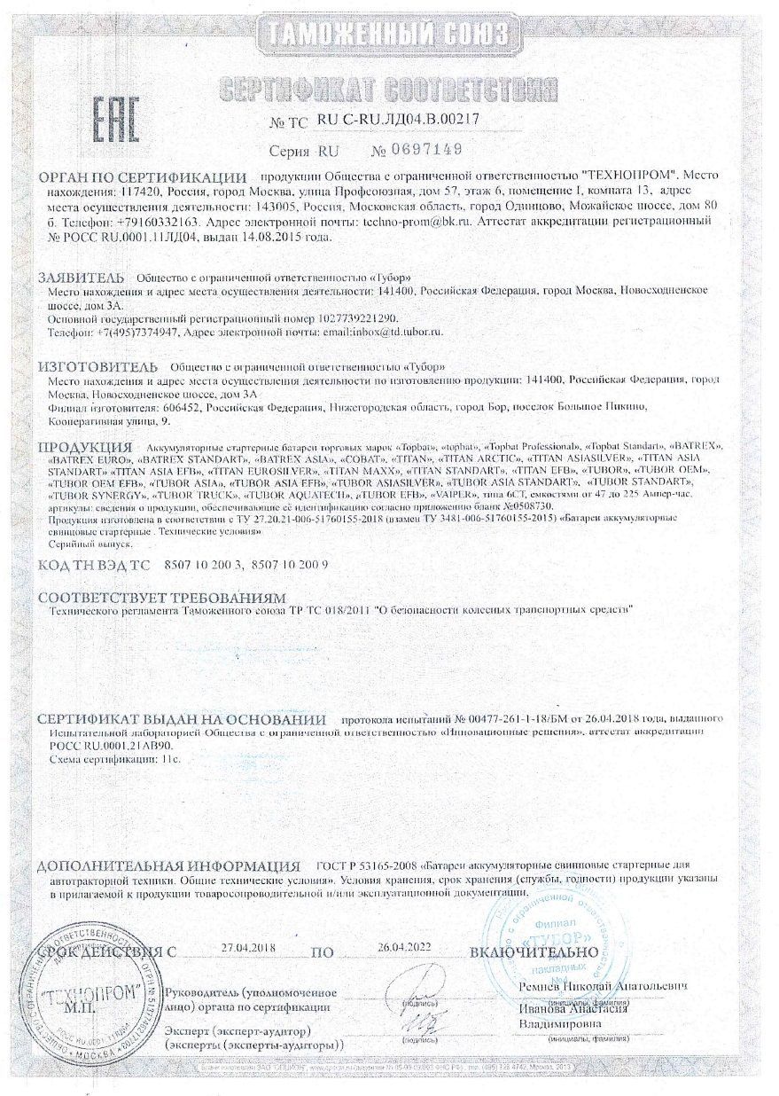 Сертификат соответствия Тубор (Россия)