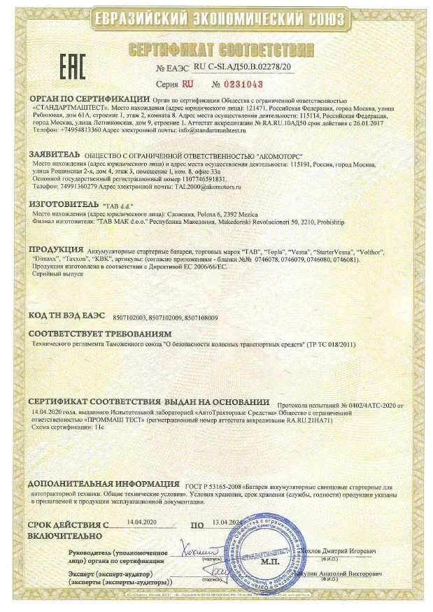 Сертификат соответствия TAB (Словения)